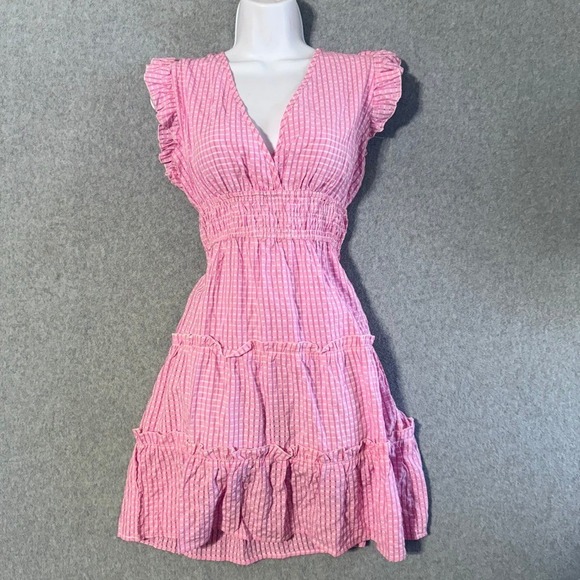 Beachsissi Pink Gingham Ruffle Tiered Smocked Waist Midi Dress Womens L - Picture 1 of 11